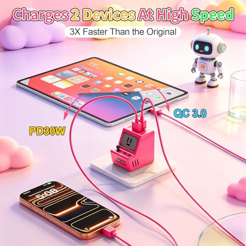 Aolcev for iPhone Charger 2 in 1 Dual USB A USB C Charger Block Retro 30W - color: Barbie Pink