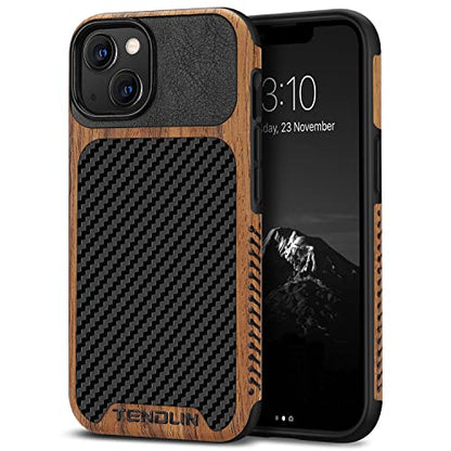TENDLIN Compatible with iPhone 13 Case Wood Grain with Carbon Fiber Texture Design Leather Hybrid Case Compatible for iPhone 13 6.1-inch Released in 2021 Black - color: Black
