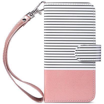 ULAK for iPhone SE 3(2022)/SE(2020)/8/7 Wallet Case Card Holder Pink Stripe | Premium PU Leather Flip Case with Kickstand Card Slots [RFID Blocking] Wrist Strap, Durable Shockproof Cover 4.7 Inch - color: Pink BL Stripe