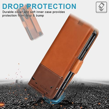 KEZiHOME Genuine Leather Wallet Case for Samsung Galaxy Z Fold 6 - color: Khaki Brown, size: Galaxy Z Fold 6 Case