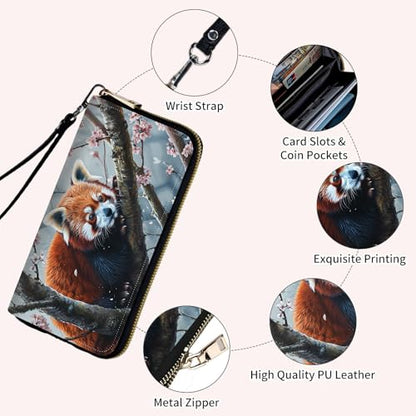Ladies Wallet,Clutch Purses for Women Wallets Leather Credit Card Holder for Women Wristlet Slim Small Cute with Zipper,Thin RFID Blocking with Wrist Strap,Cute Raccoon Tree - color: Cute Raccoon Tree