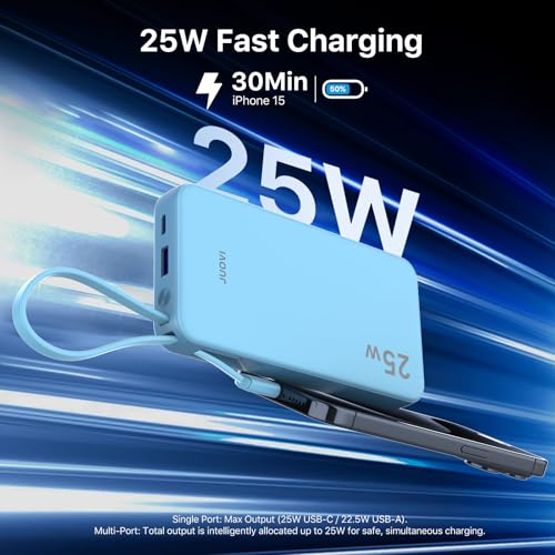 JUOVI 25W Portable Charger 10000mah Power Bank Built-in USB-C Cable - color: Blue