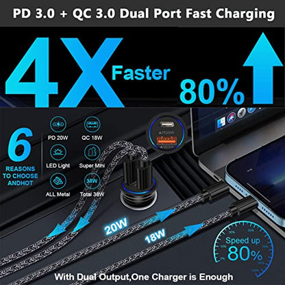 USB C Car Charger, 38W Fast Charge Car Charger Adapter PD&QC 3.0 Dual Port
