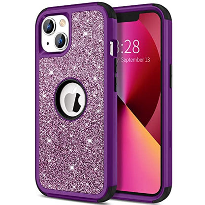 Hython Case for iPhone 13 Case Glitter, Cute Sparkly Shiny Bling Sparkle Cover, Heavy Duty 3 in 1 Hybrid Hard PC Soft TPU Bumper Full Body Shockproof Protective Phone Cases for Women Girls, Purple - color: Purple