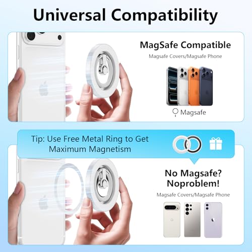 Magnetic Phone Ring Holder for MagSafe,360° Rotation Cell Phone Grip Stand - color: White