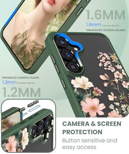 Crystal Clear Flower Pattern Case for Samsung Galaxy S26 FE-Green | Girl Women Slim Soft TPU + Hard PC Military Grade Protective Phone Cover WithTempered Glass Screen Protector for S26 FE - color: S26 FE-Dark Green