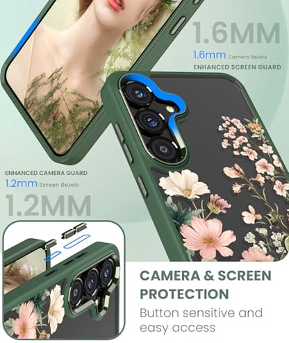 Crystal Clear Flower Pattern Case for Samsung Galaxy S26 FE-Green | Girl Women Slim Soft TPU + Hard PC Military Grade Protective Phone Cover WithTempered Glass Screen Protector for S26 FE - color: S26 FE-Dark Green