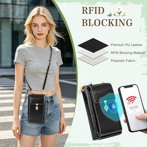 HUANLANG Small Crossbody Phone Bags for Women Cell Phone Purse Wallet | Wallet with Phone Pouch, Small, Leather, Card Slots, RFID Blocking, Anti-theft, Multi Pockets, Detachable Adjustable Strap - color: A-black
