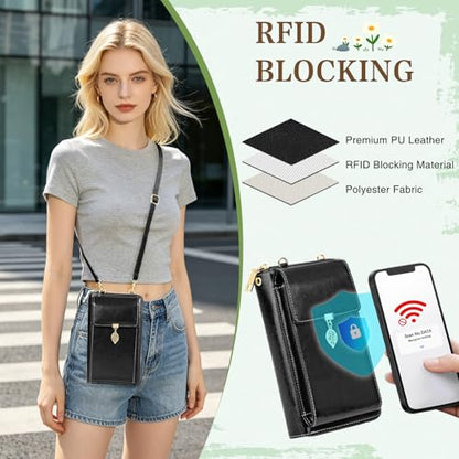 HUANLANG Small Crossbody Phone Bags for Women Cell Phone Purse Wallet | Wallet with Phone Pouch, Small, Leather, Card Slots, RFID Blocking, Anti-theft, Multi Pockets, Detachable Adjustable Strap - color: A-black