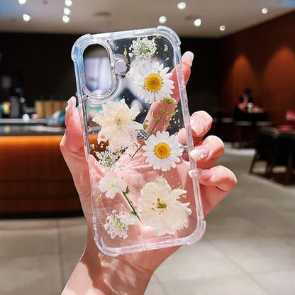 Compatible with iPhone 17 Case Clear Cute Real Flowers Shockproof | Handmade Natural Pressed Dried White Flower Gliter Soft TPU Slim Protective phone cover for iphone 17 - color: White Flower, size: iphone 17