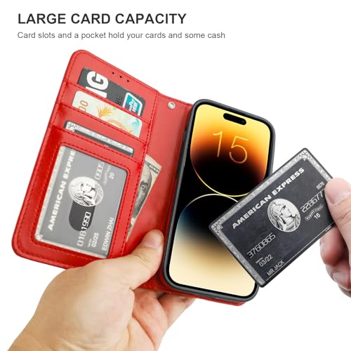 Bocasal Detachable Wallet Case Card Holder for iPhone 15, Red | RFID Blocking Kickstand Card Slots Holder PU Leather Magnetic Shockproof Wrist Strap Removable Flip Protective Cover 6.1 inch - color: Red