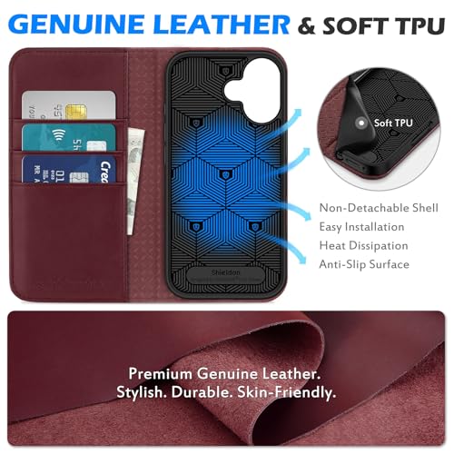 SHIELDON Genuine Leather Flip Wallet Case for iPhone 17 6.3" 2025, Wine Red | RFID Blocking, Credit Card Holder, Magnetic Closure, Kickstand, Folio Design, Soft Shock-Absorbent Phone Cover - color: Wine Red