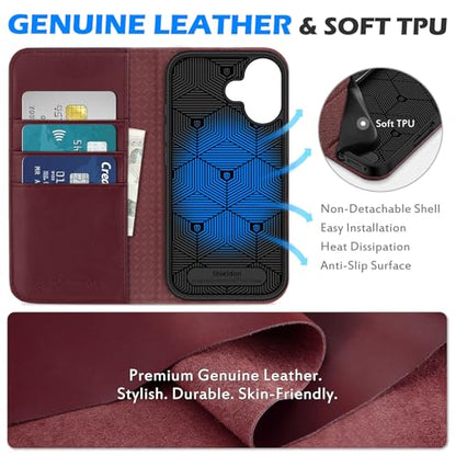 SHIELDON Genuine Leather Flip Wallet Case for iPhone 17 6.3" 2025, Wine Red | RFID Blocking, Credit Card Holder, Magnetic Closure, Kickstand, Folio Design, Soft Shock-Absorbent Phone Cover - color: Wine Red