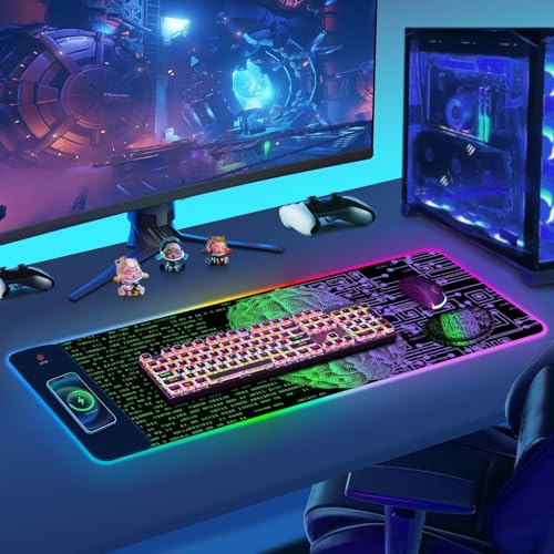 ToLuLu Wireless Charging RGB Gaming Mouse Pad, 15W LED Mouse Mat with 30W Charger, 14 Light Modes Large Mousepad Wrist Support, Non-Slip Rubber Base Desk Mat Computer Keyboard Pad, Right Left Brain - color: Right Left Brain