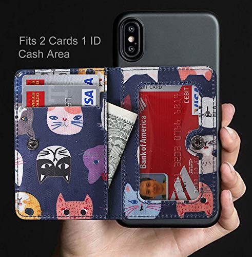 ID Card Holder for Back of Phone Leather Phone Wallet Stick On with Stand Flip Waterproof Leather Adhesive Wallet for Most Cellphones (Blue Cat) - color: Blue Cat