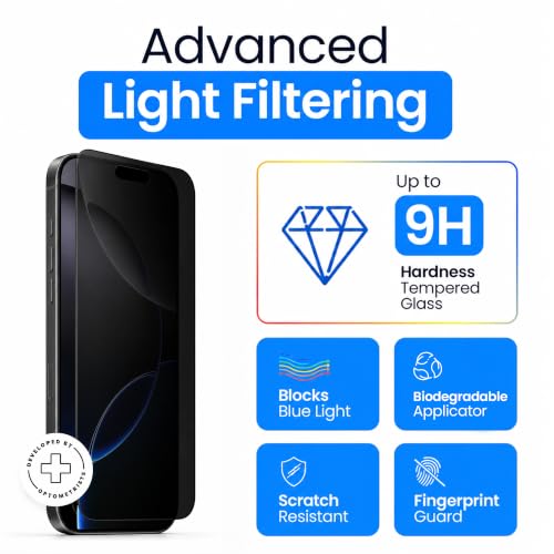 Ocushield Privacy Anti Blue Light Tempered Glass Screen Protector of iPhone 16 Pro Max (6.9") – Anti-Spy, Blocks Blue Light, Prevents Eye Strain & Helps You Sleep Better, 9H Hardness & Case Friendly - size: iPhone 16 Pro Max (6.9") - Privacy