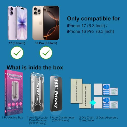 [2 Pack 4 Way Privacy Screen Protector for iPhone 17 / iPhone 16 Pro, Anti-Spy Tempered Glass, 9H Hardness Shatterproof, 3D Curved Edges, Case-Friendly, Bubble-Free Easy Installation - size: for 16 Pro / 17