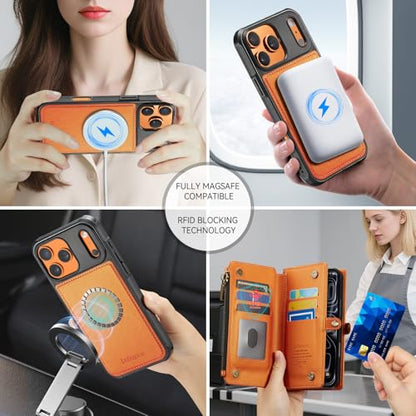 Defencase for iPhone 17 Pro Max Case Wallet Compatible with Magsafe, Orange | Drop-Proof Magnetic Detachable Phone Cases Cover, with RFID Bolcking Card Holder, Zipper Strap, PU Leather, Removable Wallet - color: (Detachable with Magsafe)-Orange