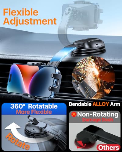 HTU Upgraded Strongest Suction No Block View Bendable Arm Car Phone Holder - color: Deep Black