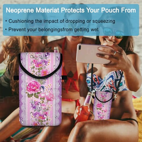 Neoprene Cell Phone Sleeve Pouch Case Bag with Crossbody Strap Neck Lanyard for Women 7.5 X 4.3 in Pink Flower Wall - color: Pink Flower Wall