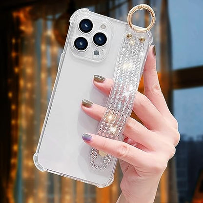 Omio Compatible with iPhone 16 Pro Case Clear Luxury Glitter Sparkle Rhinestone Diamond Stand Holder Case Soft TPU Silicone Slim Cover with Wrist Strap Grip Holder Kickstand for Women Girls Clear - size: iPhone 16 Pro