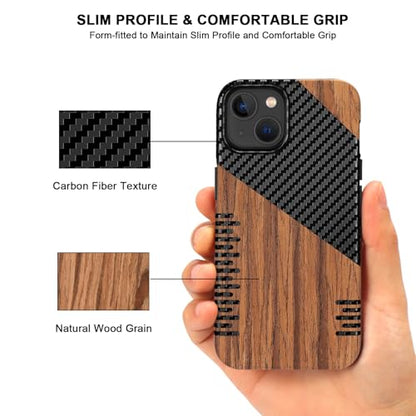 TENDLIN Compatible with iPhone 14 Case Wood Grain with Carbon Fiber Texture Design Leather Hybrid Slim Case (Twill) - color: Twill, size: iPhone 14
