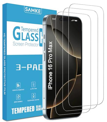 SAMKE 3 Pack Screen Protector for iPhone 16 Pro Max HD Tempered Glass 6.9in - size: iPhone 16 Pro Max