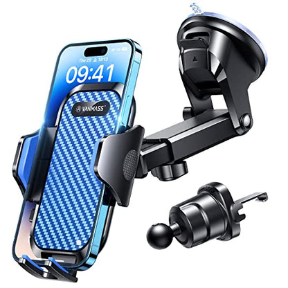 VANMASS Car Phone Holder Ultimate Military-Grade Strongest Suction & Clip Windshield Dash Best Strongest Cell Phone Automotive Dash Gauge Accents for iPhone 18 Pro Max 17 16 15 14 Blue - color: Blue
