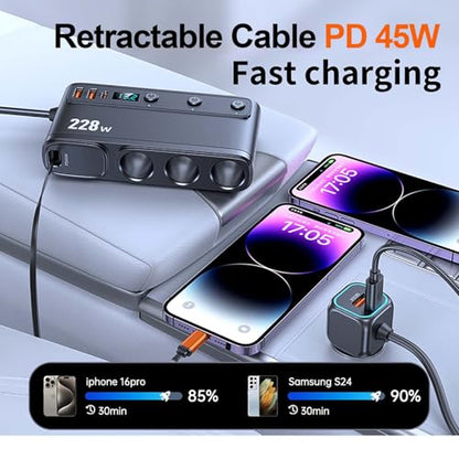 Cigarette Lighter Adapter with 45W Retractable Car Charger Fast Charging
