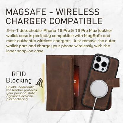 Bayelon Wallet Case for iPhone 15 Pro Max, Trifold Leather Wallet, Detachable Magnetic Flip Folio Cover, Card Holder, iPhone 15 Pro Max Wallet Case, MagSafe Compatible, RFID Blocking (Dark Brown) - color: Dark Brown, size: iPhone 15 Pro Max