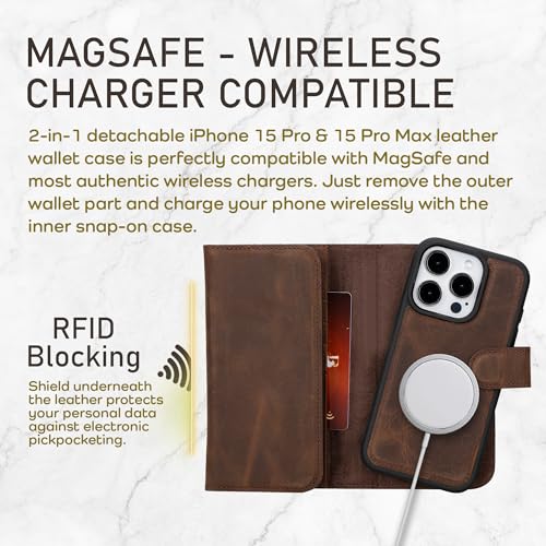 Bayelon Wallet Case for iPhone 15 Pro Max, Trifold Leather Wallet, Detachable Magnetic Flip Folio Cover, Card Holder, iPhone 15 Pro Max Wallet Case, MagSafe Compatible, RFID Blocking (Dark Brown) - color: Dark Brown, size: iPhone 15 Pro Max