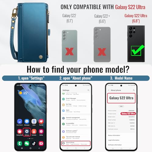 Defencase for Samsung Galaxy S22 Ultra Wallet Case with Card Holder, Blue | Durable PU Leather, with RFID Blocking Zipper Pocket, Wrist Strap, S22 Ultra Flip Phone Cases Cover with Stand for Women Men - color: Elegant Dark Blue