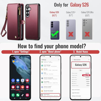 Defencase for Galaxy S26 Case Wallet Compatible with Magsafe 6.3", Wine Red | Magnetic Detachable, with RFID Bolcking Card Holder, Zipper Strap, PU Leather Drop-Proof Phone Cover for Samsung Galaxy S26 - color: (Detachable with Magsafe)-Wine Red