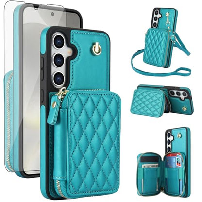 Asuwish Phone Case for Samsung Galaxy S25 5G Wallet Cell Cover with Tempered Glass Screen Protector Wrist Crossbody Strap RFID Blocking Credit Card Holder S 25 25S 25 25S SM-S931U Women Girls Green - color: Green