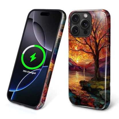 Magnetic Phone Case for iPhone 16 Pro Max,Compatible with MagSafe,Durable 2 Layers Full Covered Shockproof Protective Cover-Stained Glass Sunrise Fall Leaves - color: Stained Glass Sunrise Fall Leaves, size: iPhone 16 Pro Max