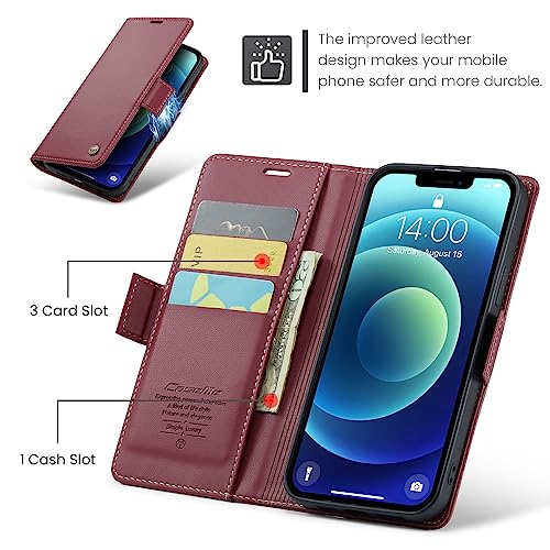 QLTYPRI Wallet Case for iPhone 12/12 Pro, Premium PU Leather Magnetic Flip Folio Case with RFID Blocking Credit Card Slots Kickstand Shockproof Protective Phone Case Cover - Wine Red | Premium PU Leather, Magnetic Closure Flip Case, RFID Blocking, Viewing