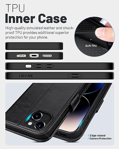 OCASE Compatible with iPhone 15 Wallet Case, PU Leather Flip Folio Case with Card Holders RFID Blocking Kickstand [Shockproof TPU Inner Shell] Phone Cover 6.1 Inch 2023, Black - color: Black