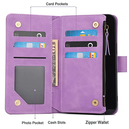 RANYOK Wallet Case Compatible with iPhone 13/14 (6.1 inch), Premium PU Leather Zipper Flip Folio Wallet RFID Blocking with Wrist Strap Magnetic Closure Built-in Kickstand Protective Case (Purple) - color: Purple