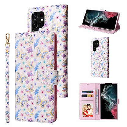 UEEBAI Wallet Case for Samsung Galaxy S23 Ultra 5G, PU Leather Phone Case Kickstand RFID Blocking Flip Case with Card Slots Wrist Strap Relief Engraved Pattern Magnetic Closure Folio Case - Butterfly - color: Butterfly, size: Samsung Galaxy S23 Ultra 5G