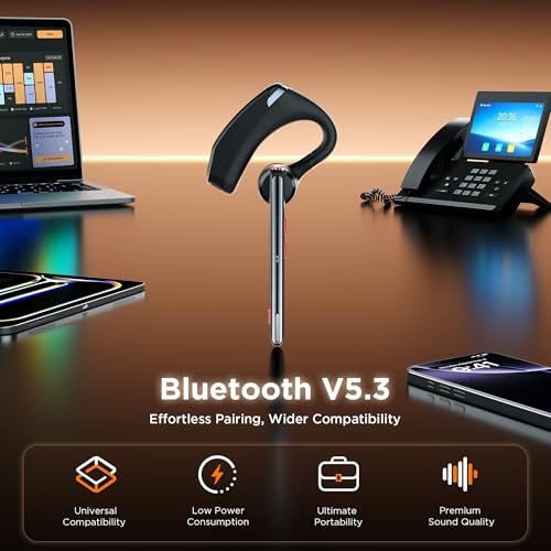 Bluetooth Headset V5.3, Wireless Headset with Dual Noise-Canceling Mics, Portable Charging Case, 300H Standby Time, Hands Free Headphones for PC/Cell Phones, Trucker/Office/Work