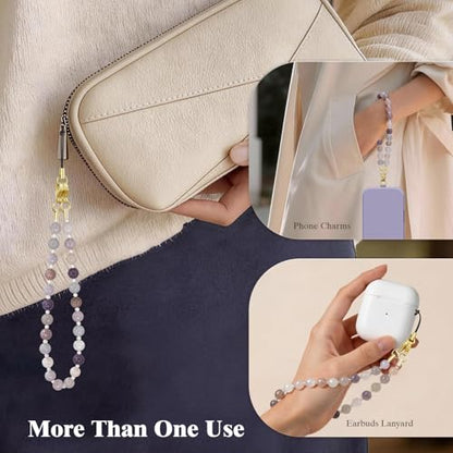 SURPHY Natural Stone Phone Charm, Beaded Phone Wrist Strap with Tether Tab - color: A- Mauve Haze Quartzite