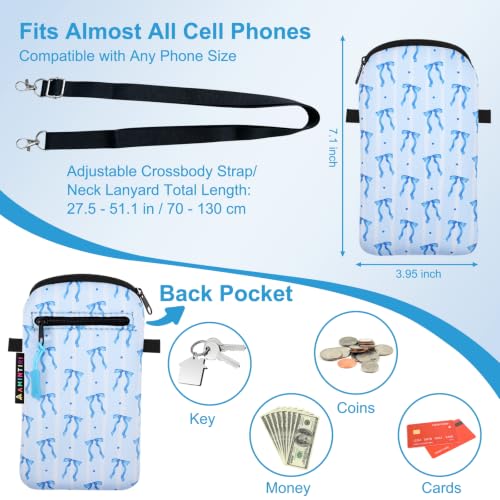 Lanyard Phone Holder Pouch, Phone Bag with Pocket for iPhone & Samsung - color: Blue Bow Charm