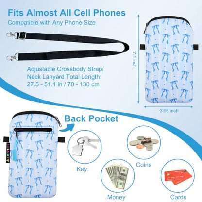 Lanyard Phone Holder Pouch, Phone Bag with Pocket for iPhone & Samsung - color: Blue Bow Charm