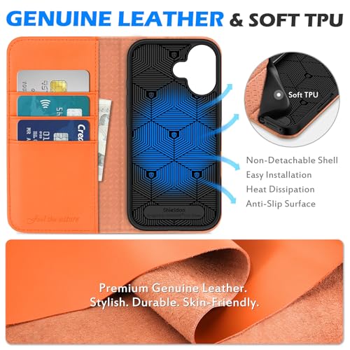 SHIELDON Genuine Leather Flip Wallet Case for iPhone 17 6.3" 2025, Orange | Magnetic Closure, RFID Blocking, Credit Card Holder, Viewing Stand, Foldable Design, Shockproof Protective Cover - color: Orange