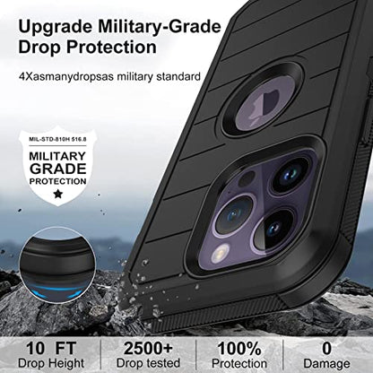 for iPhone 14 Pro Case with 2 Screen Protector,Full Body Shockproof Drop Protection Dust Proof Heavy Duty 3-Layer Rugged Durable Military Grade Cover for Apple iPhone 14 Pro 6.1" (Black) - color: Black II