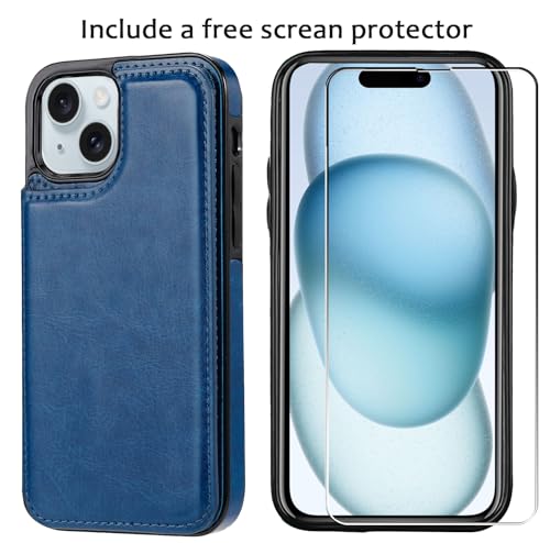Wallet Case Compatible with iPhone 15,Slim Protective case with Card Holder,Premium PU Leather Kickstand Card Slots Case with 1 Screen Protective Glass for iPhone 15 (6.1")-Deep Blue - color: Deep Blue