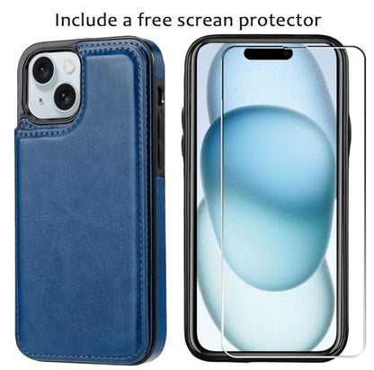 Wallet Case Compatible with iPhone 15,Slim Protective case with Card Holder,Premium PU Leather Kickstand Card Slots Case with 1 Screen Protective Glass for iPhone 15 (6.1")-Deep Blue - color: Deep Blue