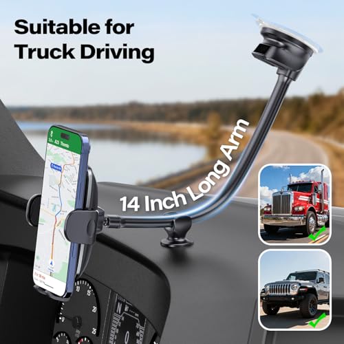 APPS2Car 14'' Gooseneck Car Truck Phone Holder, Windshield Phone Mount - color: Black Plaid + Extendable Foot Pad