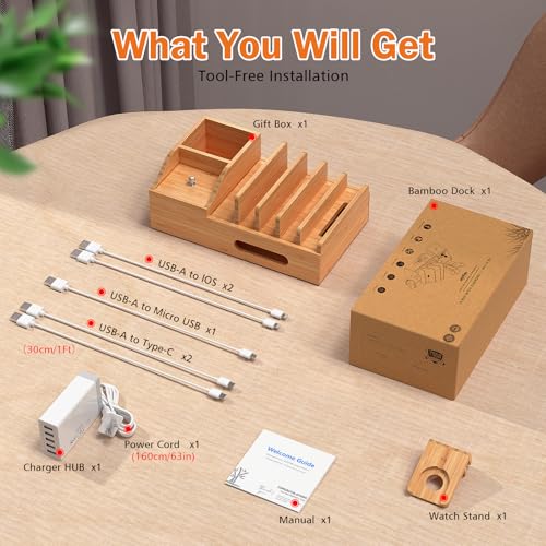 Bamboo Charging Station for Multiple Devices with USB Charger, 5 Cables - color: Style 2