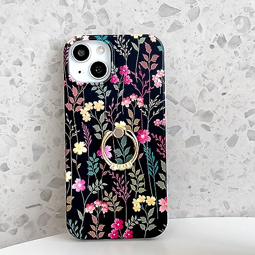 Qokey for iPhone 13/14 6.1" Case, Cute Garden Flowers Design for Girls Women, Matte Pattern Soft Shockproof TPU Anti-Scratch Phone Cover, Black Mixed Floral - color: Rattan